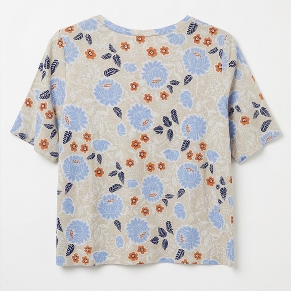 LOFT Beige Floral Short-Sleeve Puff Top with Blue and Rust Flowers - Picture 2 of 6